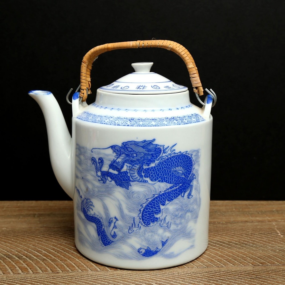 Vintage Chinese Dragon And Koi Fish Blue And White Teapot Bamboo Handle